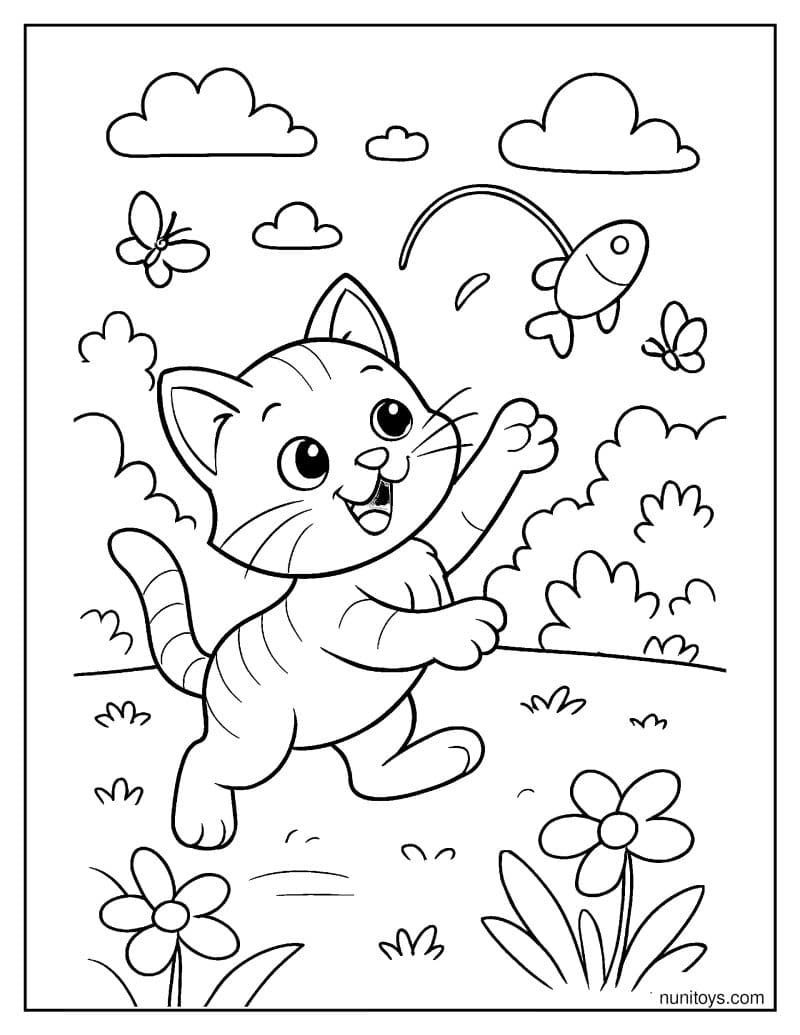 דף צביעה של חתלתול חמוד קופץ לתפוס צעצוע מעופף