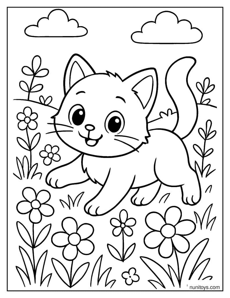 דף צביעה של חתלתול משחק בעשב בין פרחים