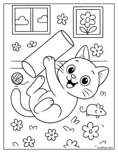 דף צביעה של חתלתול משחק עם גליל נייר