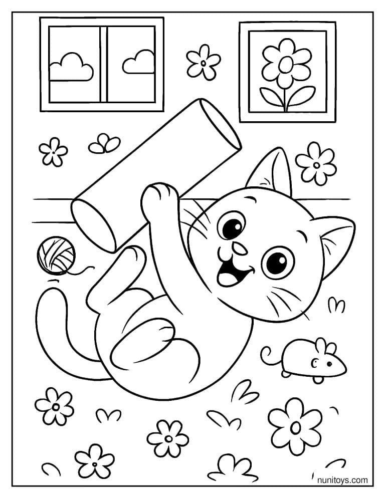 Coloriage chaton jouant avec un rouleau près d’une petite souris