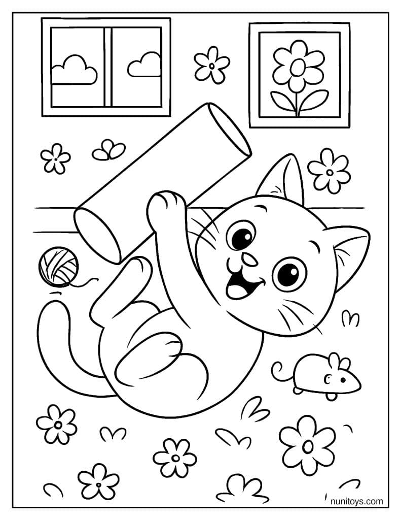 דף צביעה של חתלתול משחק עם גליל נייר