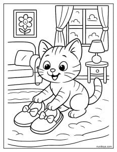דף צביעה של חתלתול משחק עם נעלי בית בסלון