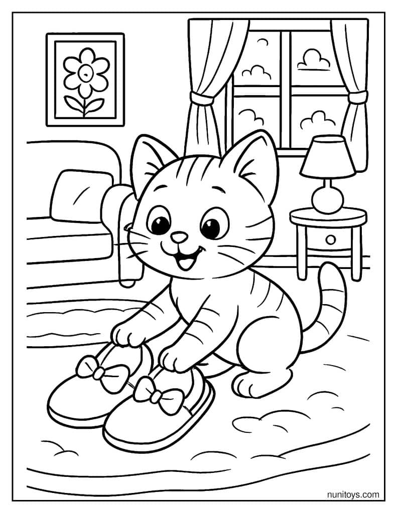 דף צביעה של חתלתול משחק עם נעלי בית בסלון