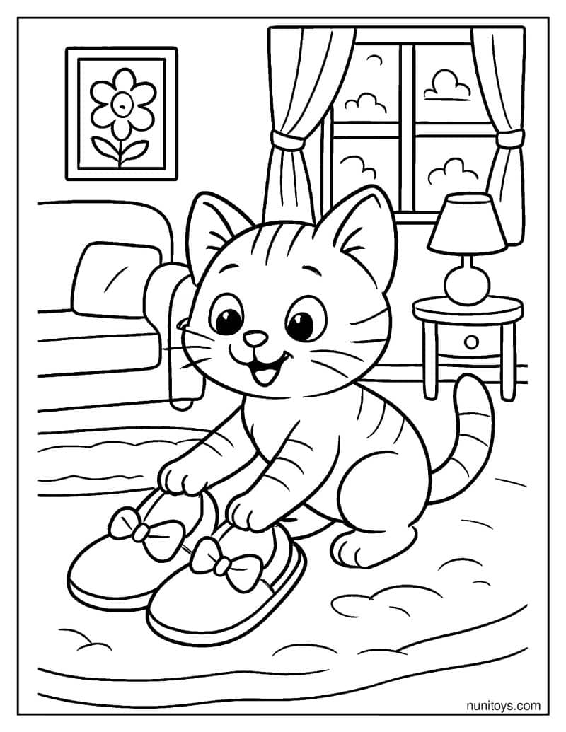 דף צביעה של חתלתול משחק עם נעלי בית בסלון