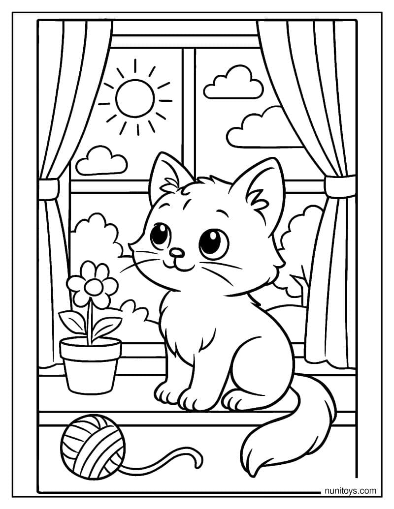 דף צביעה של חתלתול יושב על אדן החלון