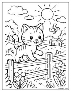 דף צביעה של חתלתול חמוד הולך על גדר בכפר