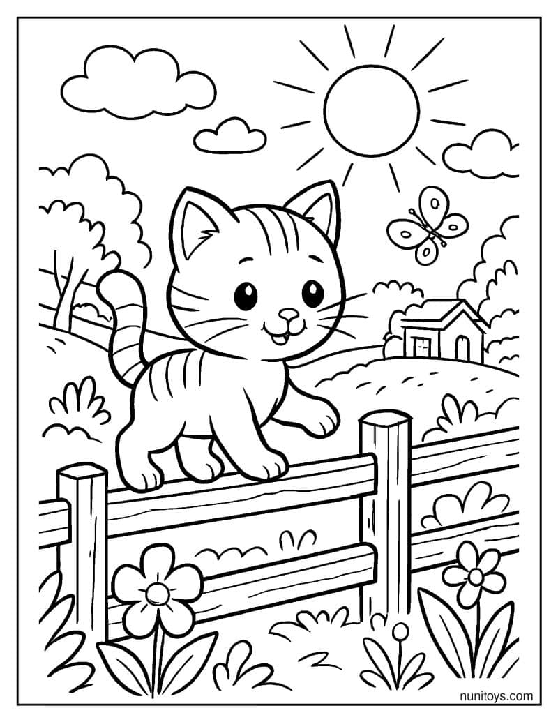 דף צביעה של חתלתול חמוד הולך על גדר בכפר