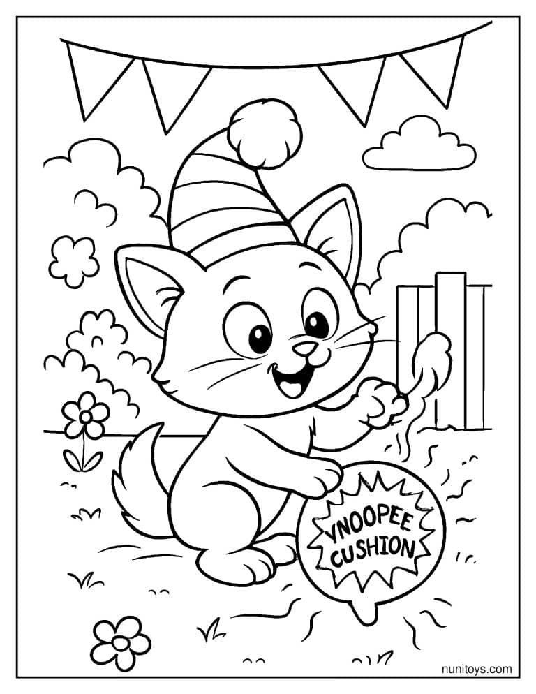 Coloriage chaton farceur jouant avec un coussin péteur