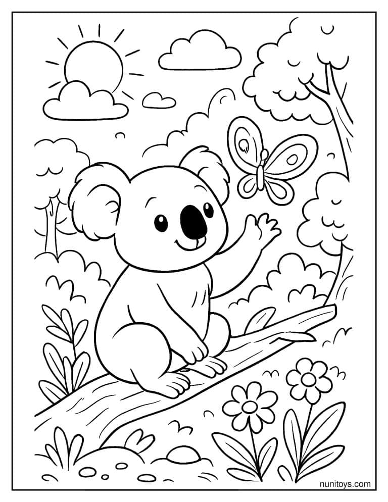 Coloriage koala tendant la patte vers un papillon