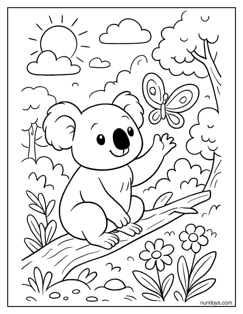 ציור לצביעה קואלה חמוד מושיט יד לפרפר על ענף