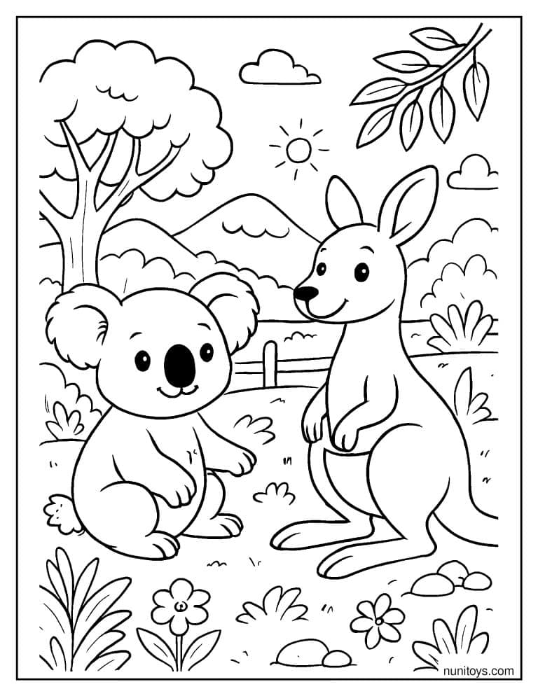 Coloriage koala rencontrant un kangourou dans la nature australienne