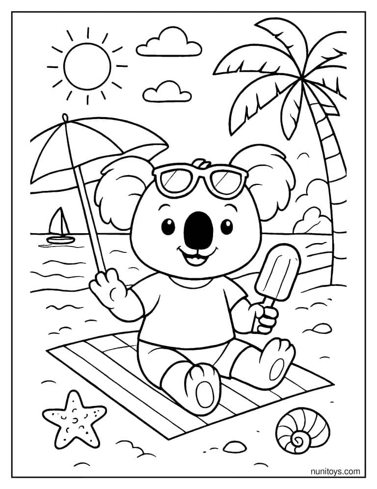 Coloriage koala en vacances avec glace sur la plage