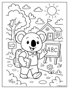 דף צביעה קואלה חוזר לבית הספר עם תיק וספר