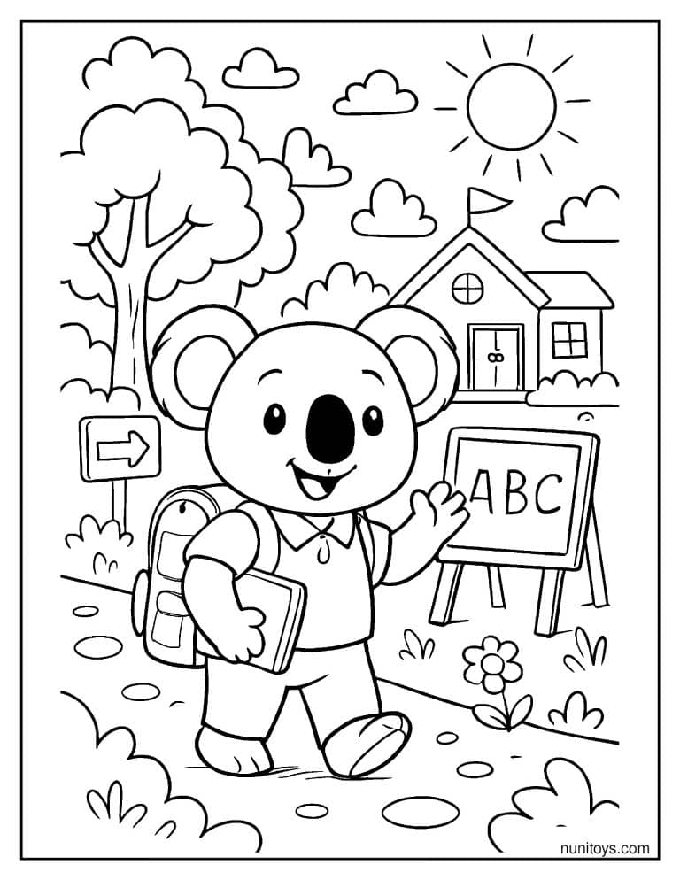 Coloriage koala allant à l’école avec sac et livre