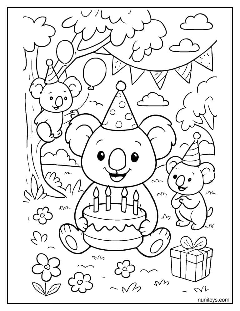 Coloriage koala fêtant son anniversaire avec gâteau et cadeaux