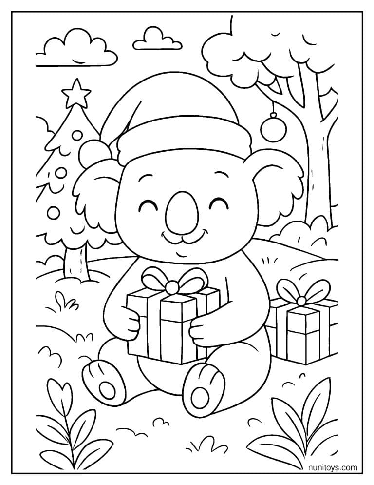 Coloriage koala de Noël tenant un cadeau près du sapin