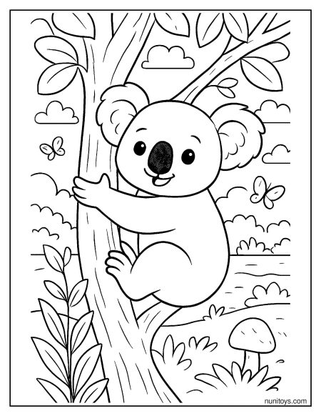 קואלה חמוד מטפס על עץ דף צביעה לילדים
