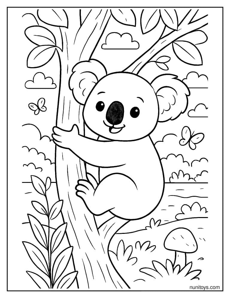 Coloriage koala accroché à un arbre parmi les papillons