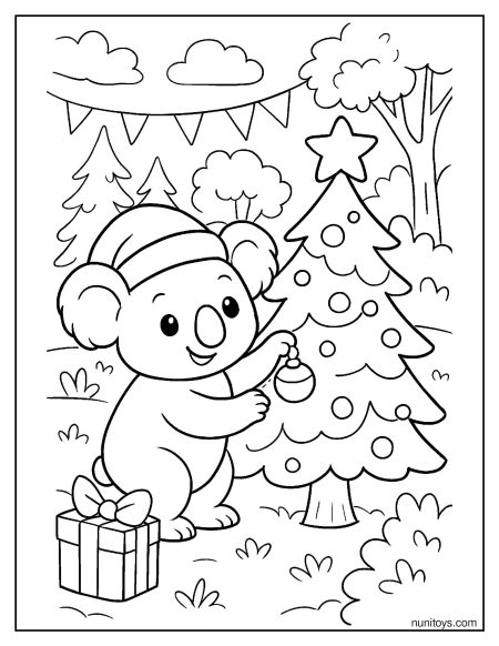 קואלה חמוד מקשט עץ חג המולד ציור לצביעה חגיגי