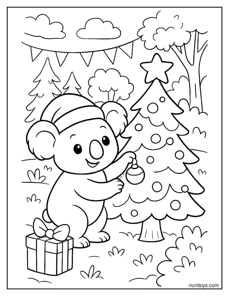 Coloriage koala décorant un sapin de Noël avec une boule