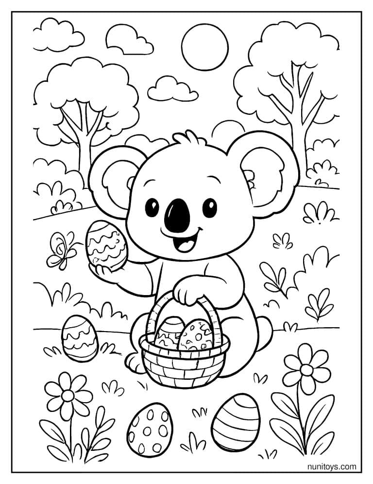 Coloriage koala cherchant des œufs de Pâques au jardin