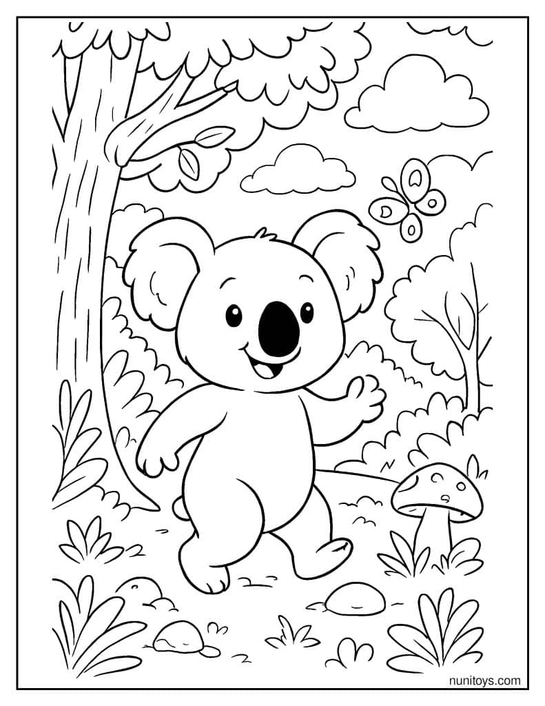 קואלה חמוד מטייל ביער בין פרחים ופטריות ציור לצביעה