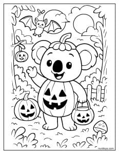 קואלה מחופש לדלעת בהאלווין עם סלסלת ממתקים ציור לצביעה