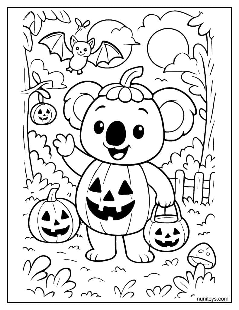 קואלה מחופש לדלעת בהאלווין עם סלסלת ממתקים ציור לצביעה