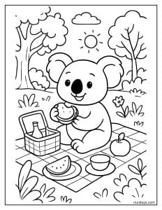 קואלה חמוד עושה פיקניק בפארק ציור לצביעה רגוע