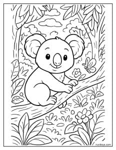 קואלה חמוד ביער גשם עם פרחים ופרפר דף צביעה לילדים