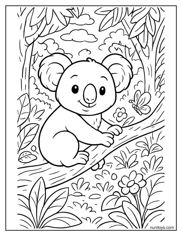 Coloriage koala perché sur une branche avec fleur et papillon