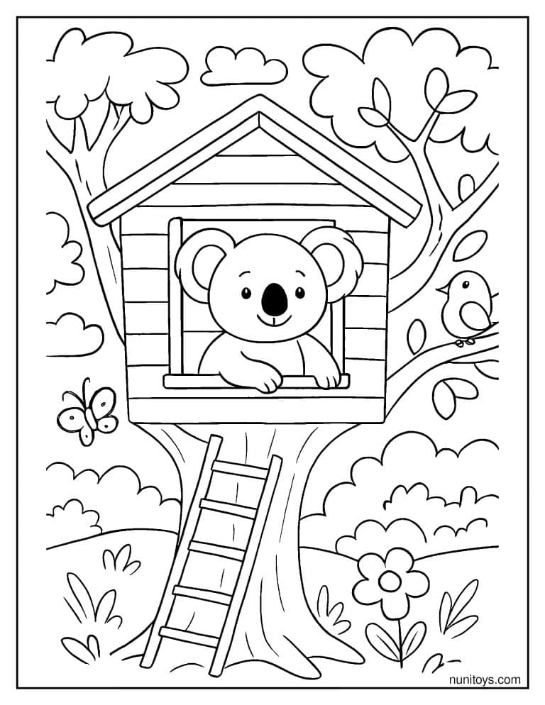 Coloriage petit koala dans une cabane perchée avec oiseaux