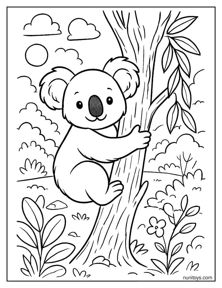 Coloriage koala grimpant sur un arbre dans la nature