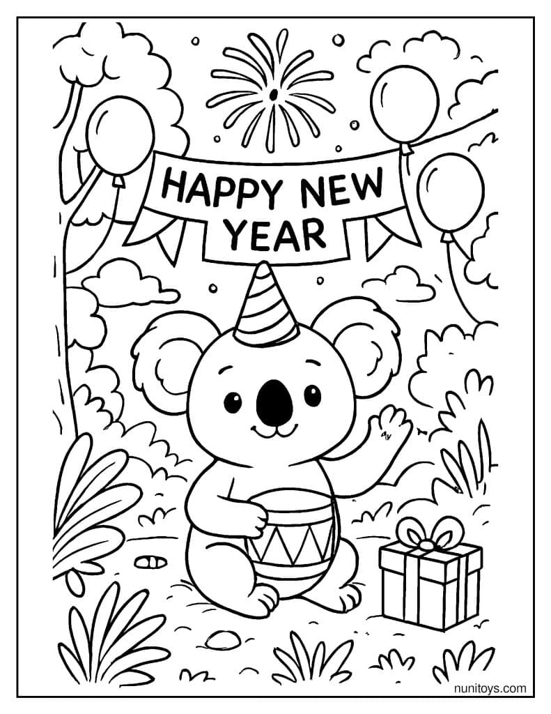 דף צביעה קואלה חוגג שנה חדשה עם בלונים ותוף