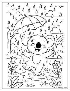 דף צביעה קואלה משחק בגשם עם מטרייה