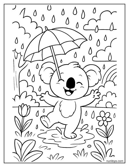 דף צביעה קואלה משחק בגשם עם מטרייה