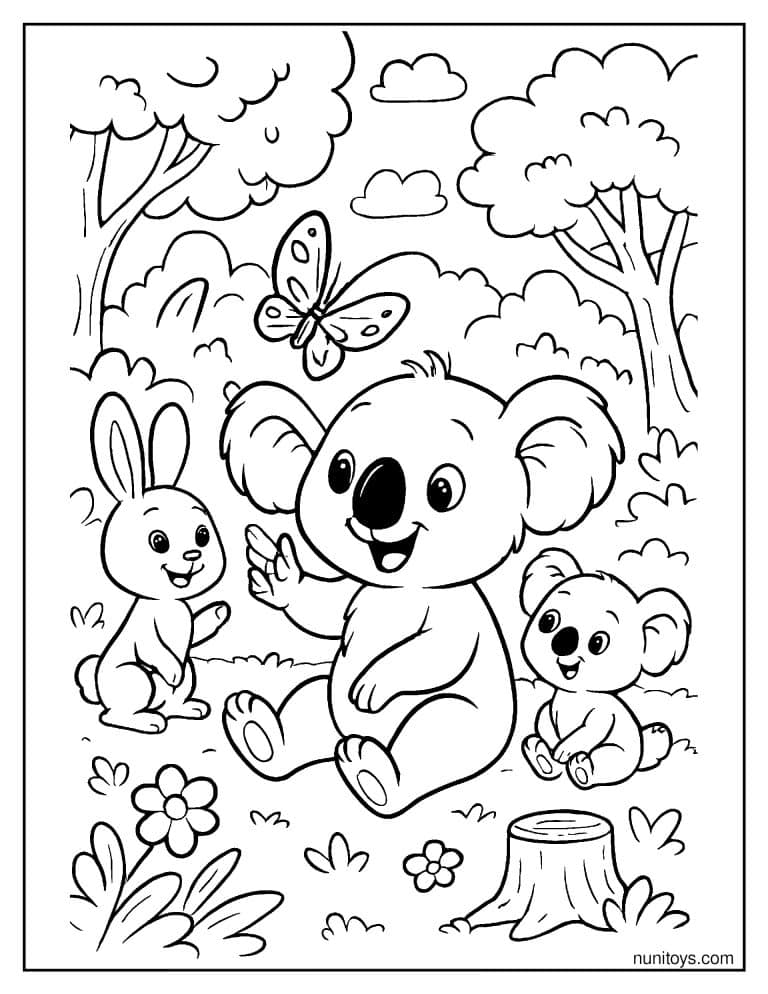 Coloriage famille de koalas avec lapin dans une clairière