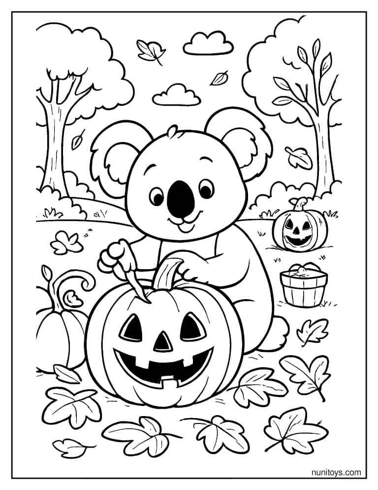 Coloriage koala décorant une citrouille pour Halloween
