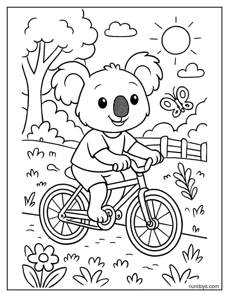 Coloriage koala faisant du vélo dans un parc fleuri