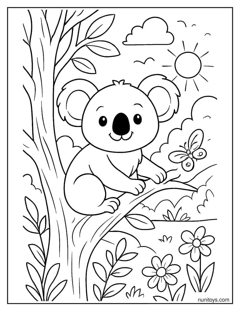 Coloriage koala assis sur une branche près d’un papillon
