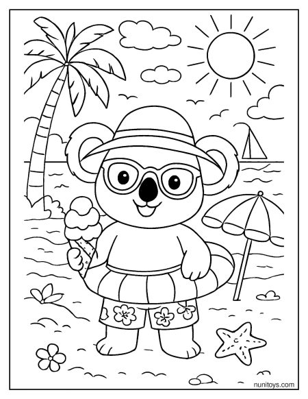 דף צביעה קואלה בחופשת קיץ עם גלידה ומשקפי שמש