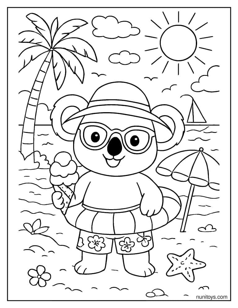 Coloriage koala en tenue de plage tenant une glace