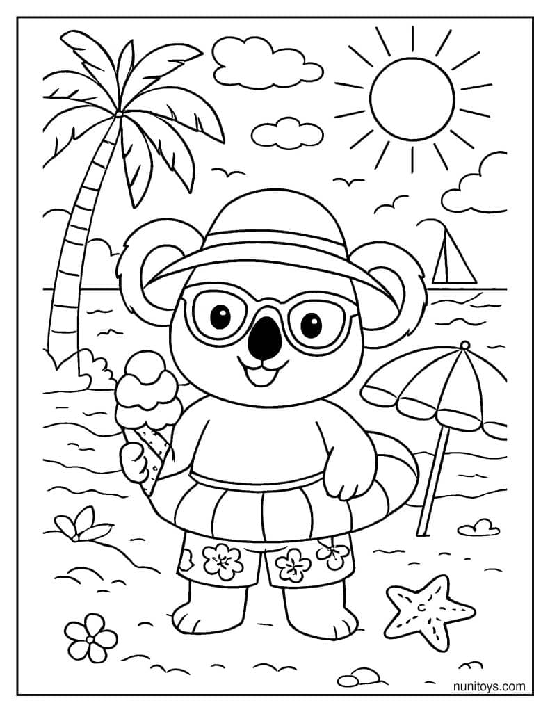 דף צביעה קואלה בחופשת קיץ עם גלידה ומשקפי שמש
