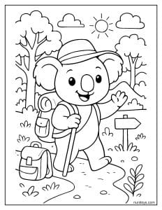 דף צביעה קואלה מטייל עם תרמיל ומקל הליכה