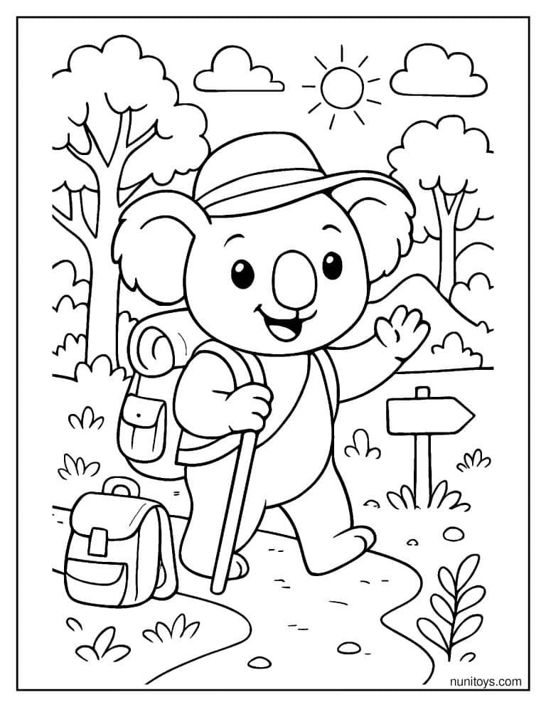 Coloriage koala randonneur avec sac à dos et carte roulée