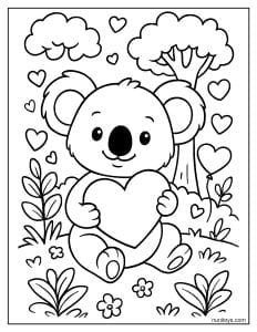 דף צביעה קואלה חמוד מחזיק לב אהבה
