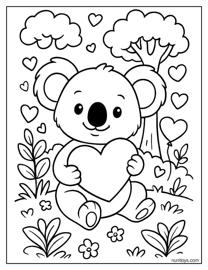 Koala Holding a Heart in a Nature Scene Printable Coloring Page