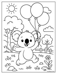 קואלה שמח עם בלונים בפארק תמונה לצביעה חגיגית