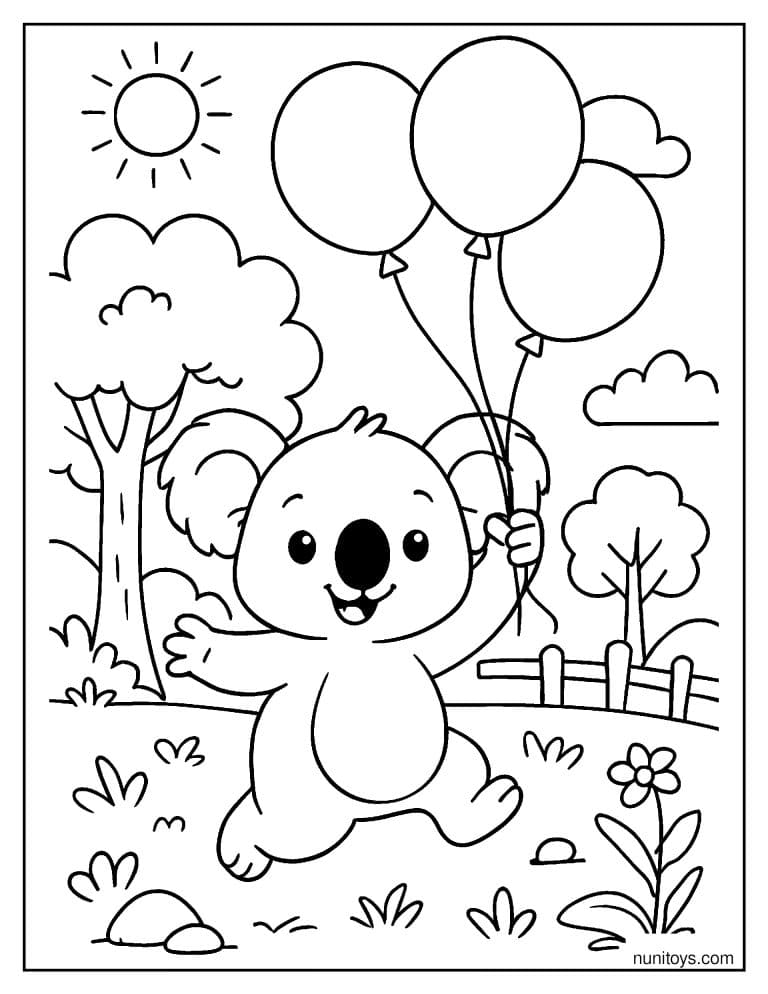 Coloriage koala courant avec trois ballons dans un parc