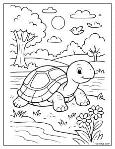 דף צביעה של צב יבשה נח ליד נהר בטבע